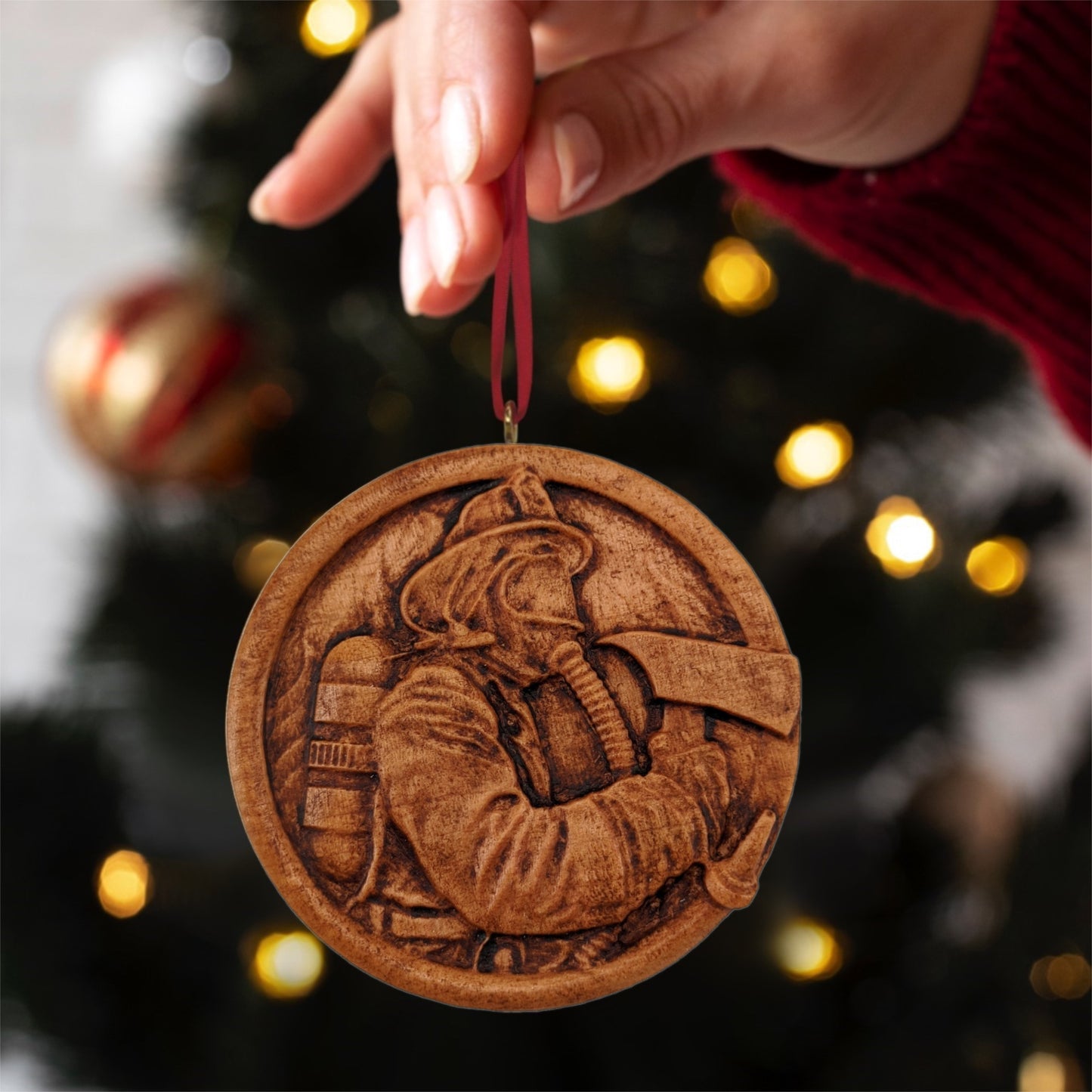 Firefighter Carved Wood Ornament
