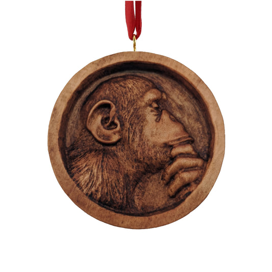 Ape Thinker Carved Wood Ornament