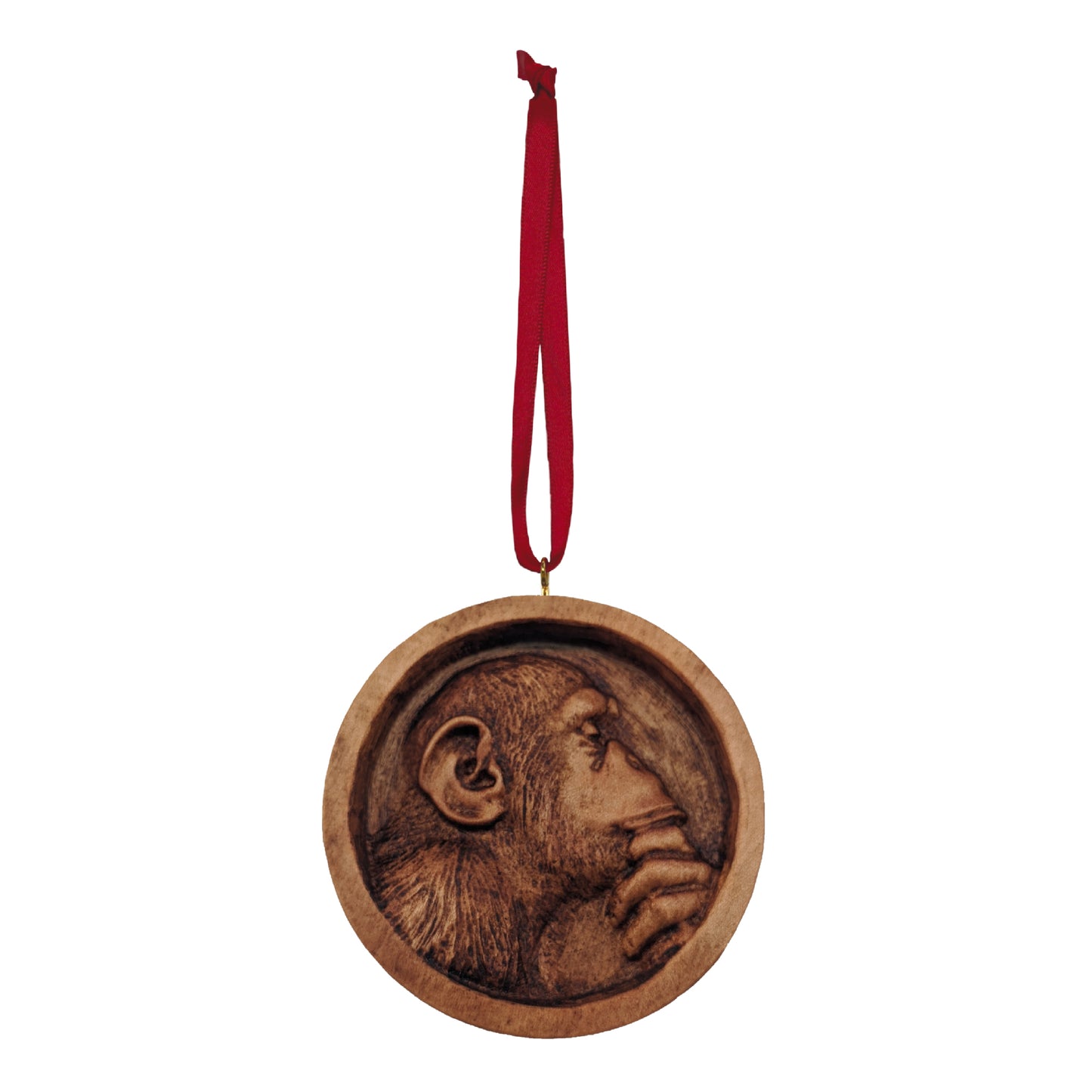 Ape Thinker Carved Wood Ornament