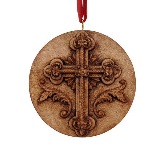 Cross Carved Wood Ornament