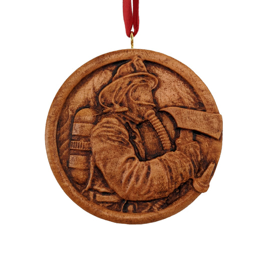 Firefighter Carved Wood Ornament