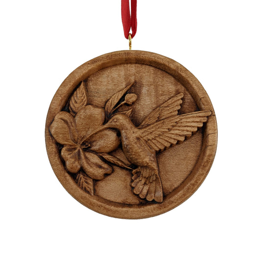 Hummingbird Flower Carved Wood Ornament