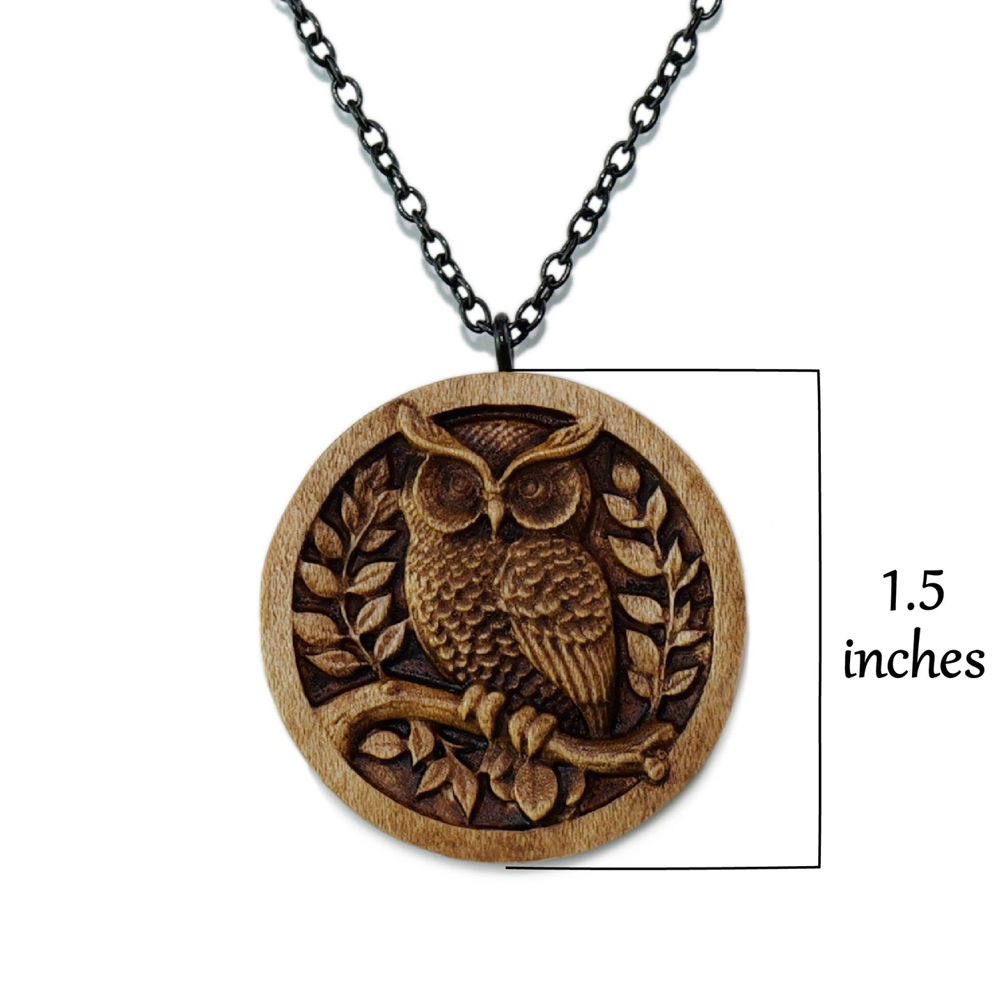 Owl Carved Wood Pendant Necklace