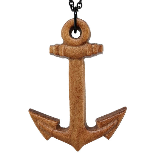 Wooden pendant necklace carved in the shape of a anchor. Made from hard maple wood. It hangs from a black stainless steel chain against a white background.