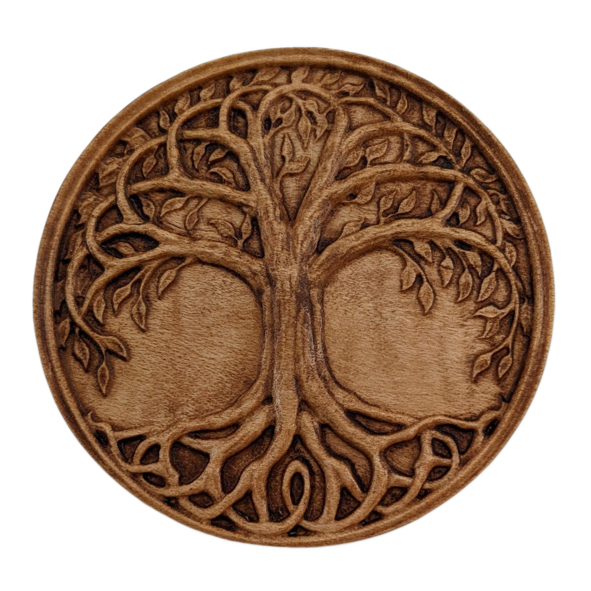 Round wooden box 3D carved with a tree encased in a lined border. Its branches are intertwined with leaves hanging all around and with roots delicately woven together. Made from hard maple wood with a brown stain against a white background.