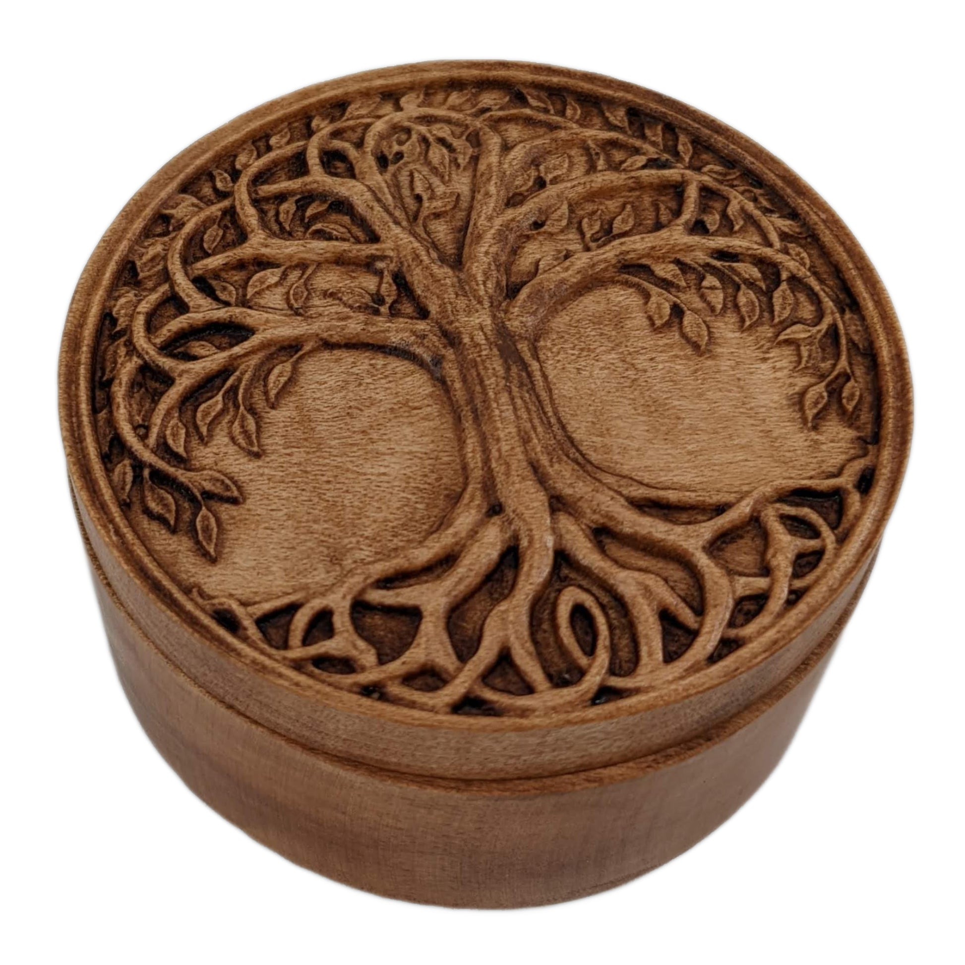 Round wooden box 3D carved with a tree encased in a lined border. Its branches are intertwined with leaves hanging all around and with roots delicately woven together. Made from hard maple wood with a brown stain against a white background.