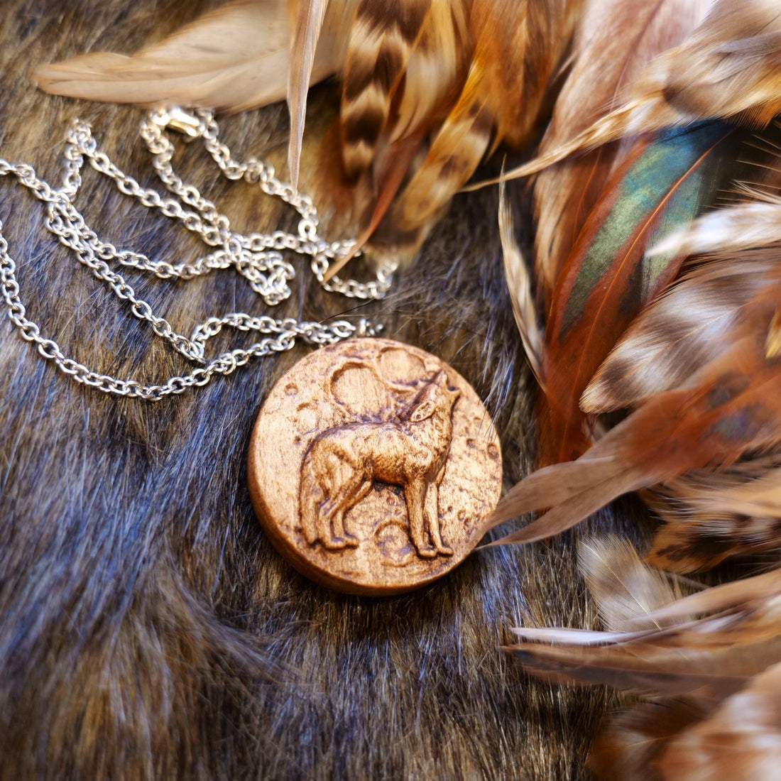 Wolf Moon Wooden Carved Pendant