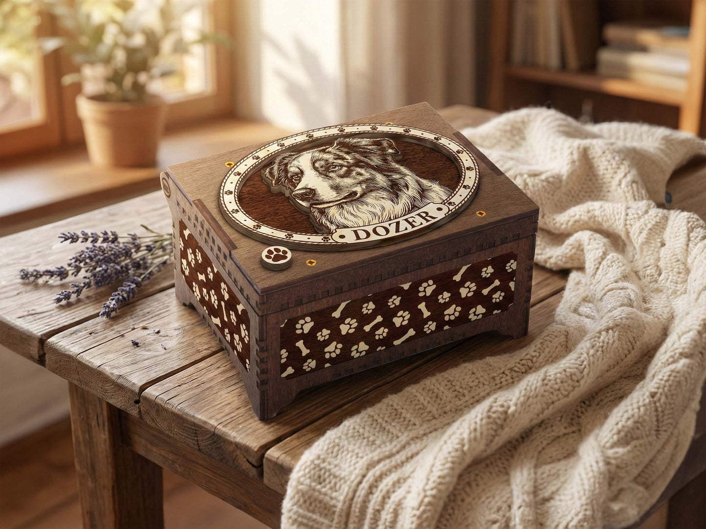 Australian Shepherd Dog Custom Memorial Music Box, Urn