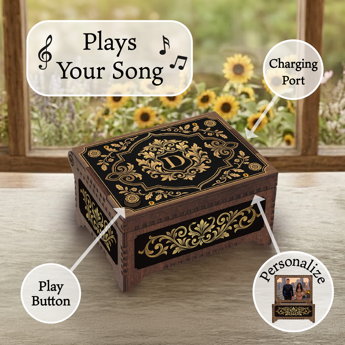 Monogram Wooden Music Box, Baroque Black & Gold Custom Initial Keepsake
