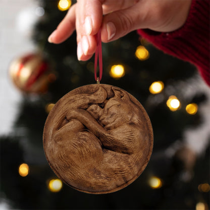 Cat Curled Up Carved Wood Ornament