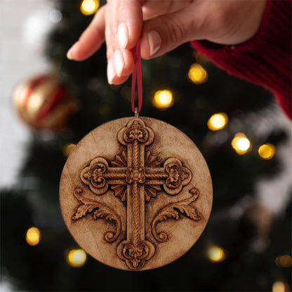 Cross Carved Wood Ornament