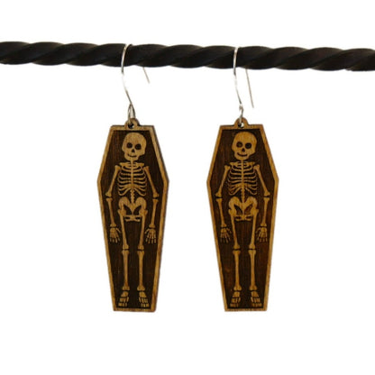 Skeleton in Coffin Wood Earrings