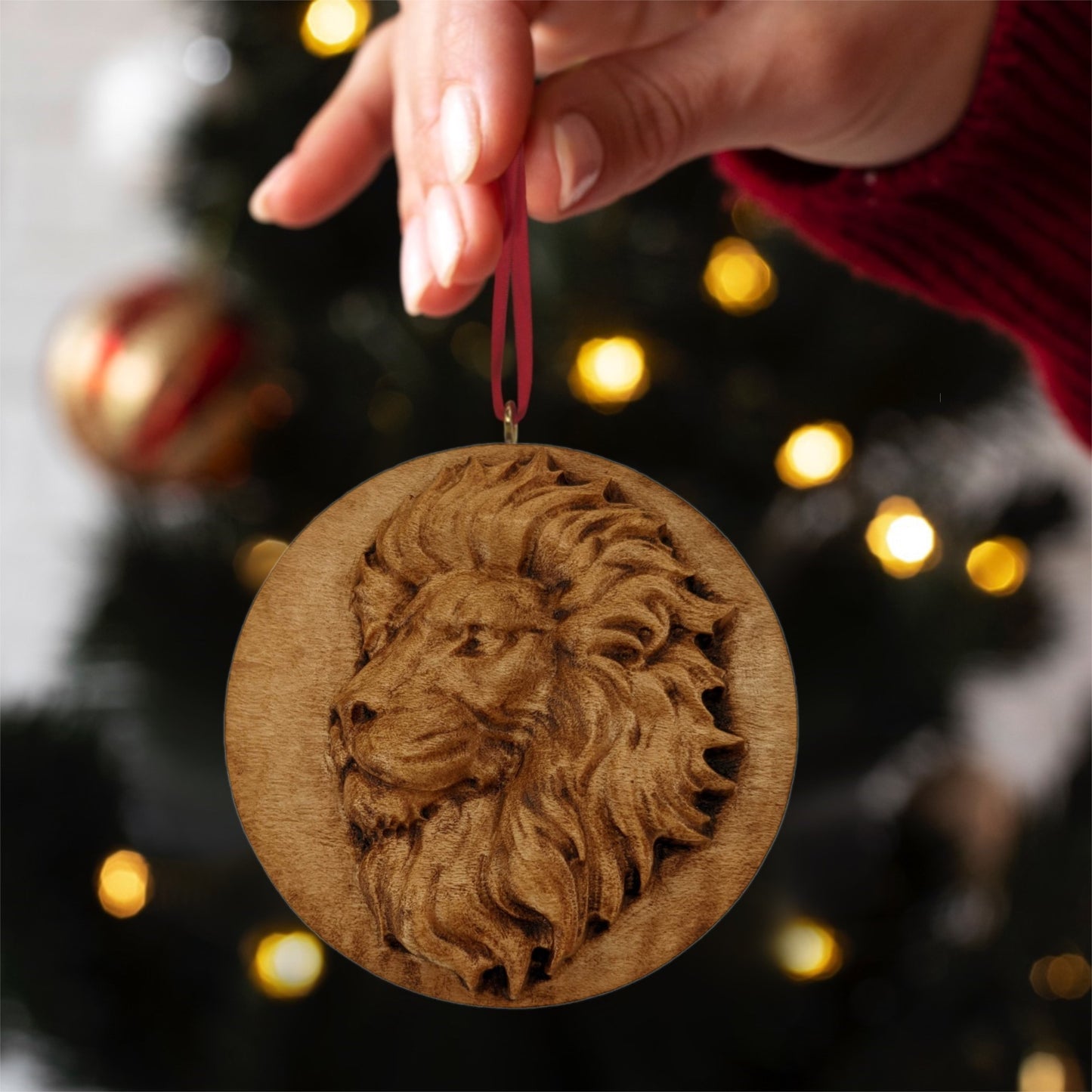 Lion Profile Carved Wood Ornament