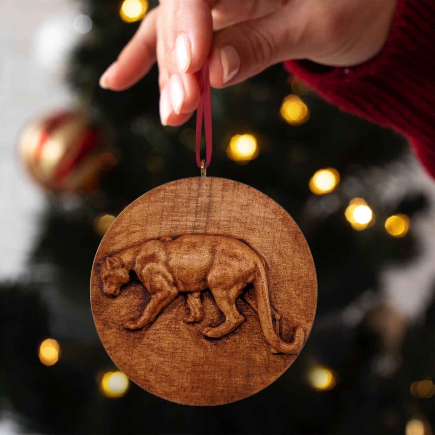 Mountain Lion Carved Wood Ornament