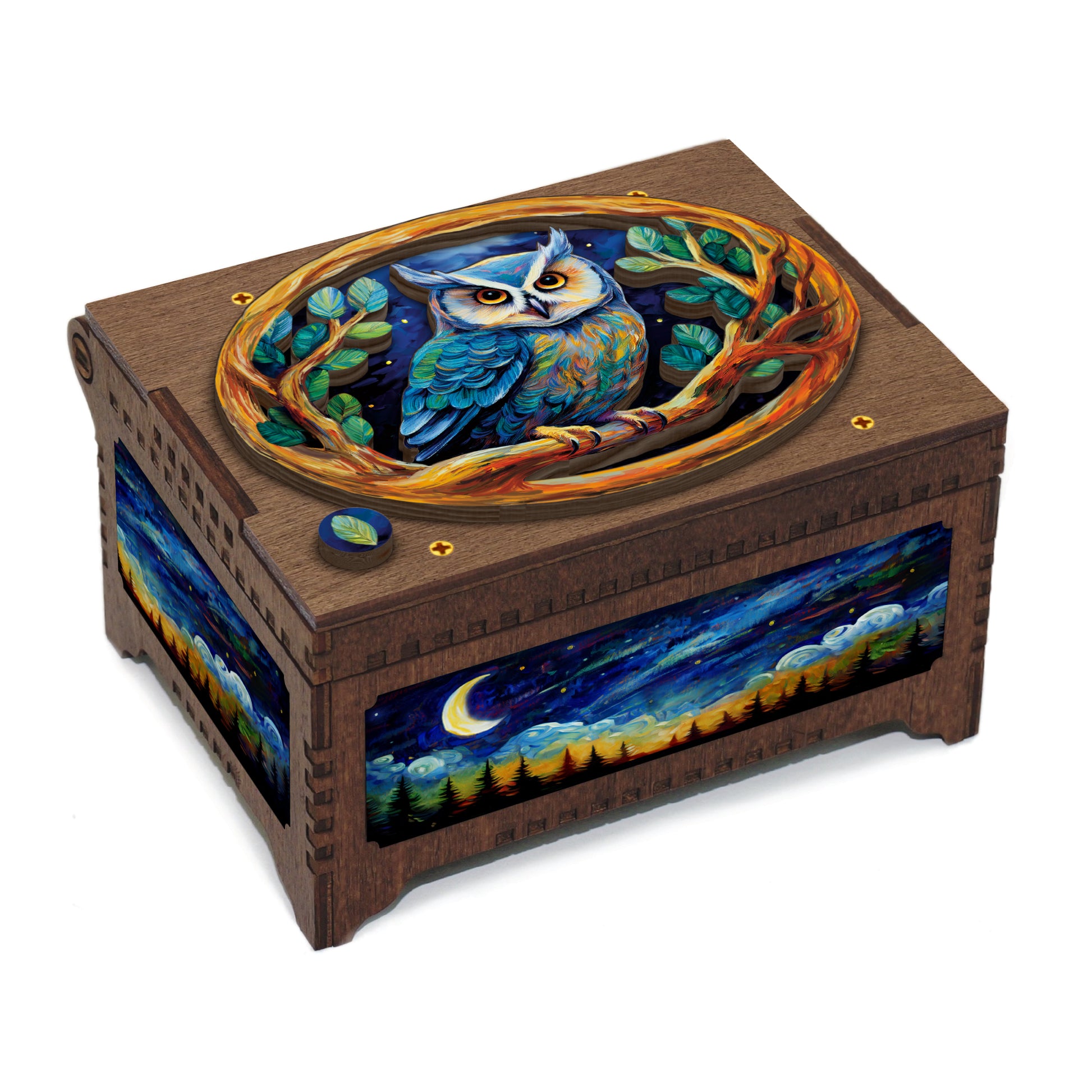 Wooden music box with a colorful owl design on a white background