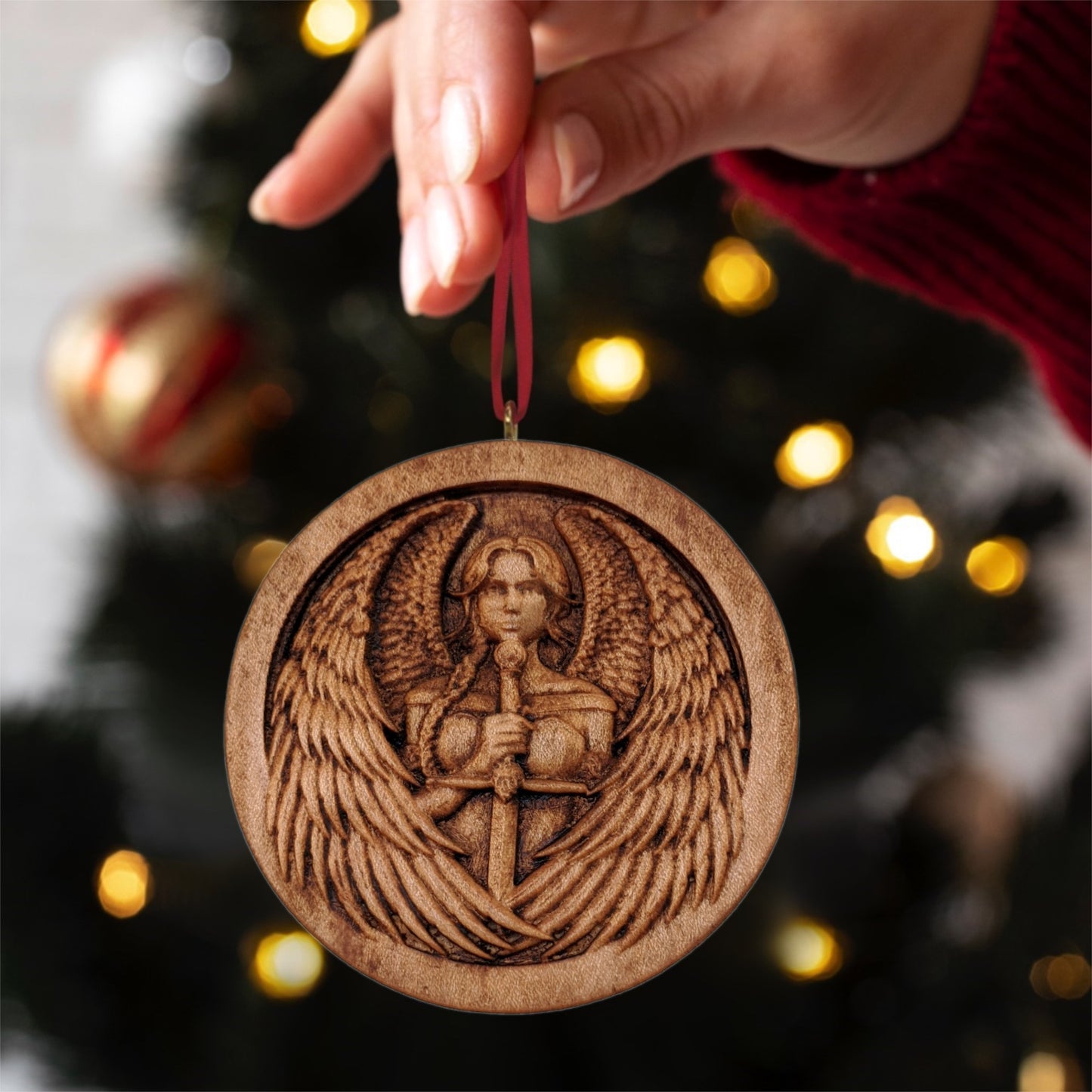 Angel Warrior Carved Wood Ornament