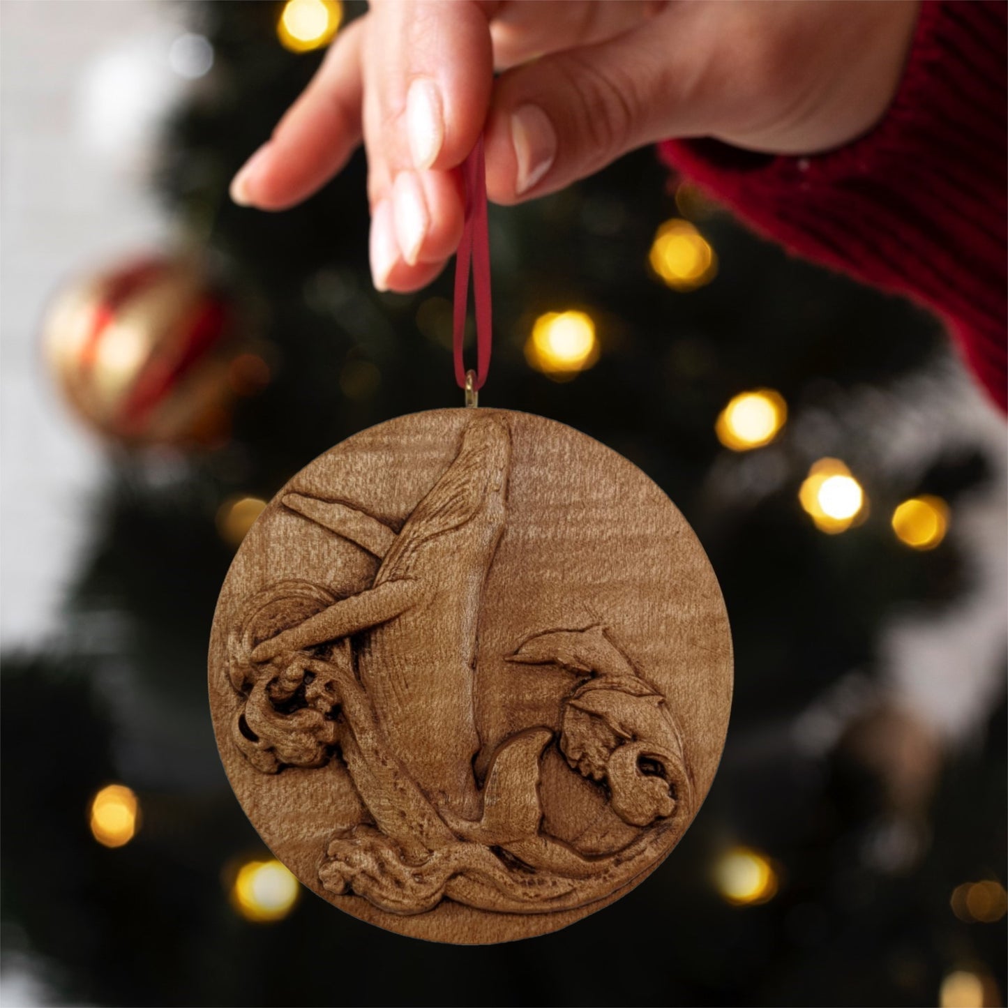 Whale & Dolphins Carved Wood Ornament