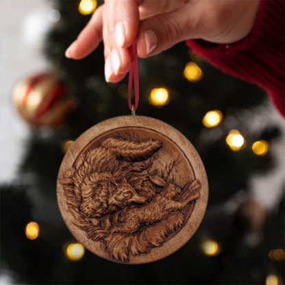 Fox and Rabbit Carved Wood Ornament