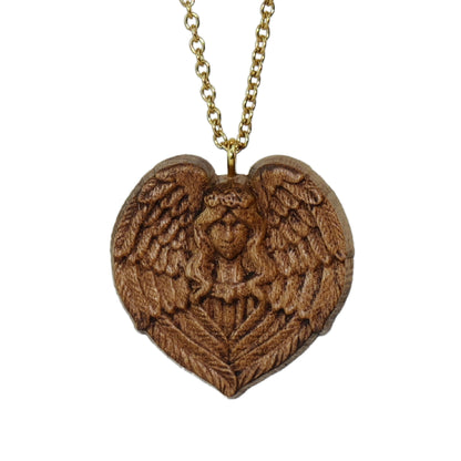 Angel Carved Wood Pendant Necklace