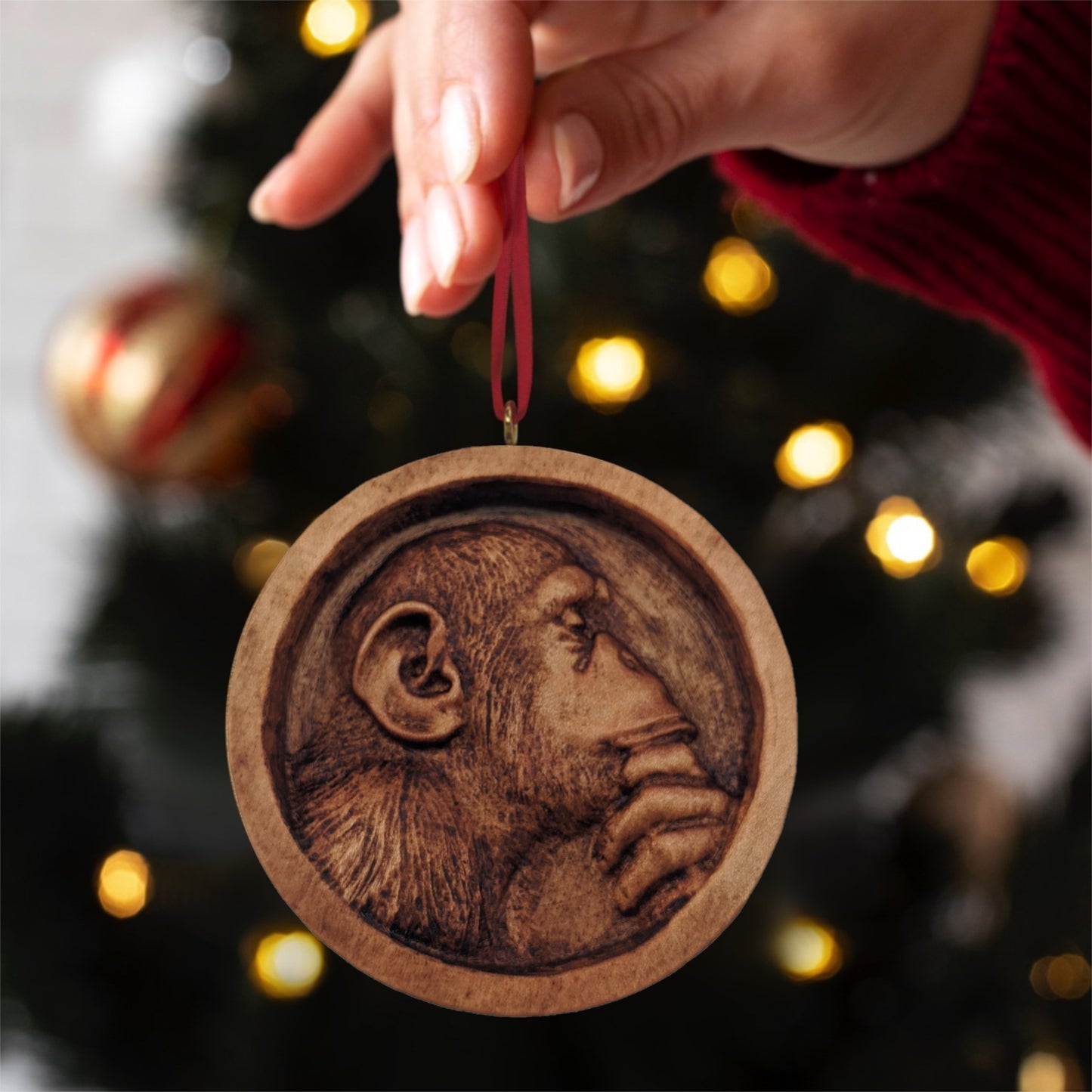 Ape Thinker Carved Wood Ornament