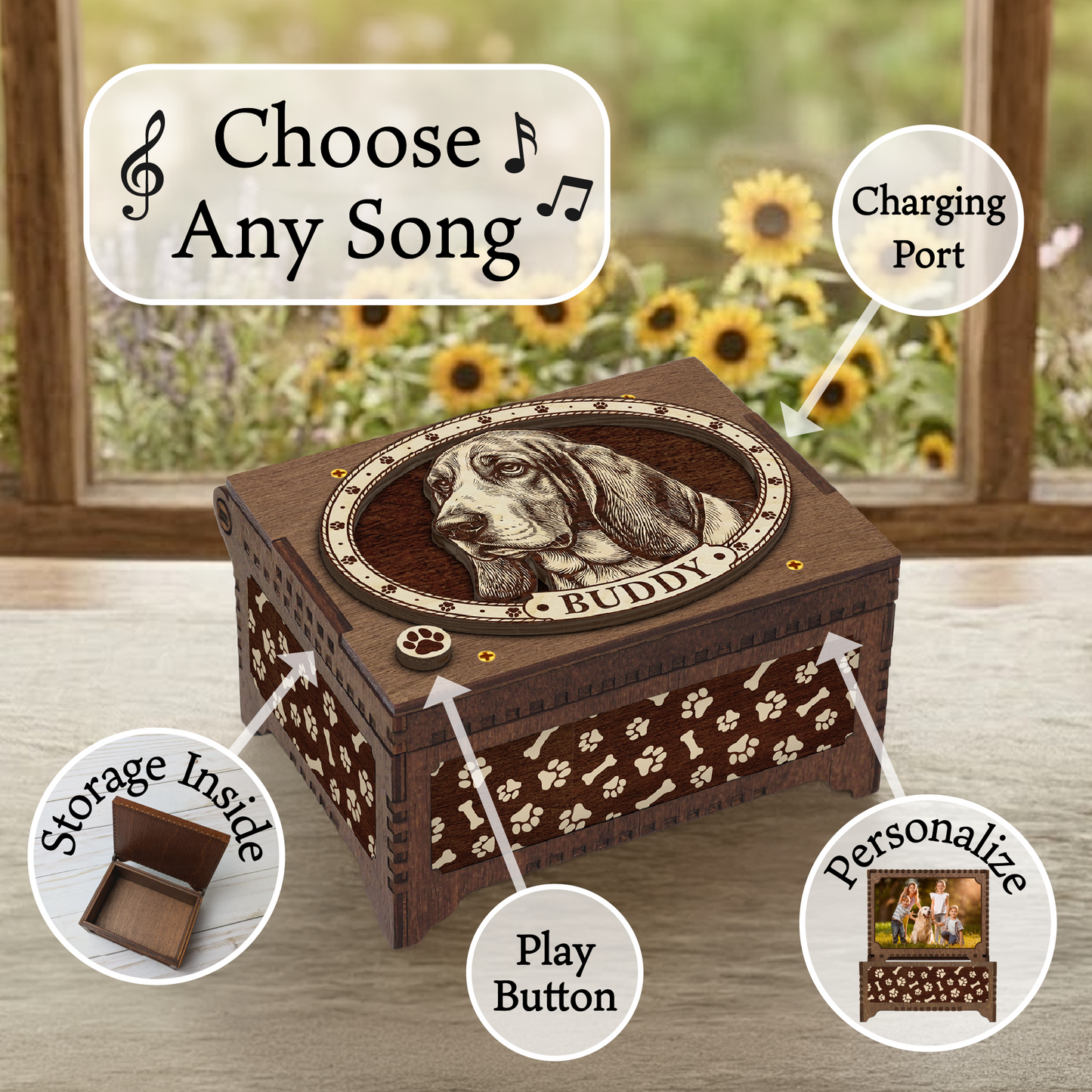 Basset Hound Dog Custom Memorial Music Box, Keepsake Urn