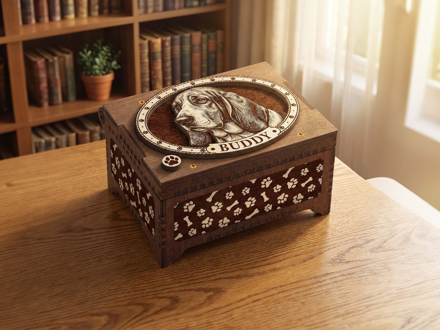 Basset Hound Dog Custom Memorial Music Box, Keepsake Urn