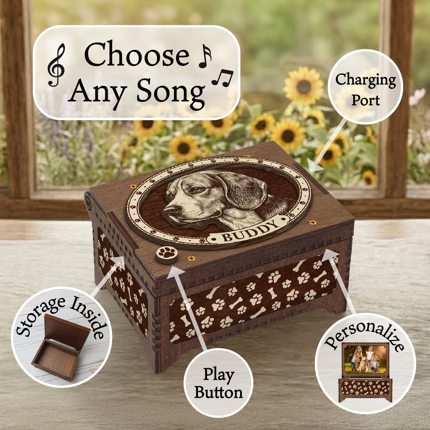 Beagle Dog Custom Memorial Music Box, Keepsake Urn
