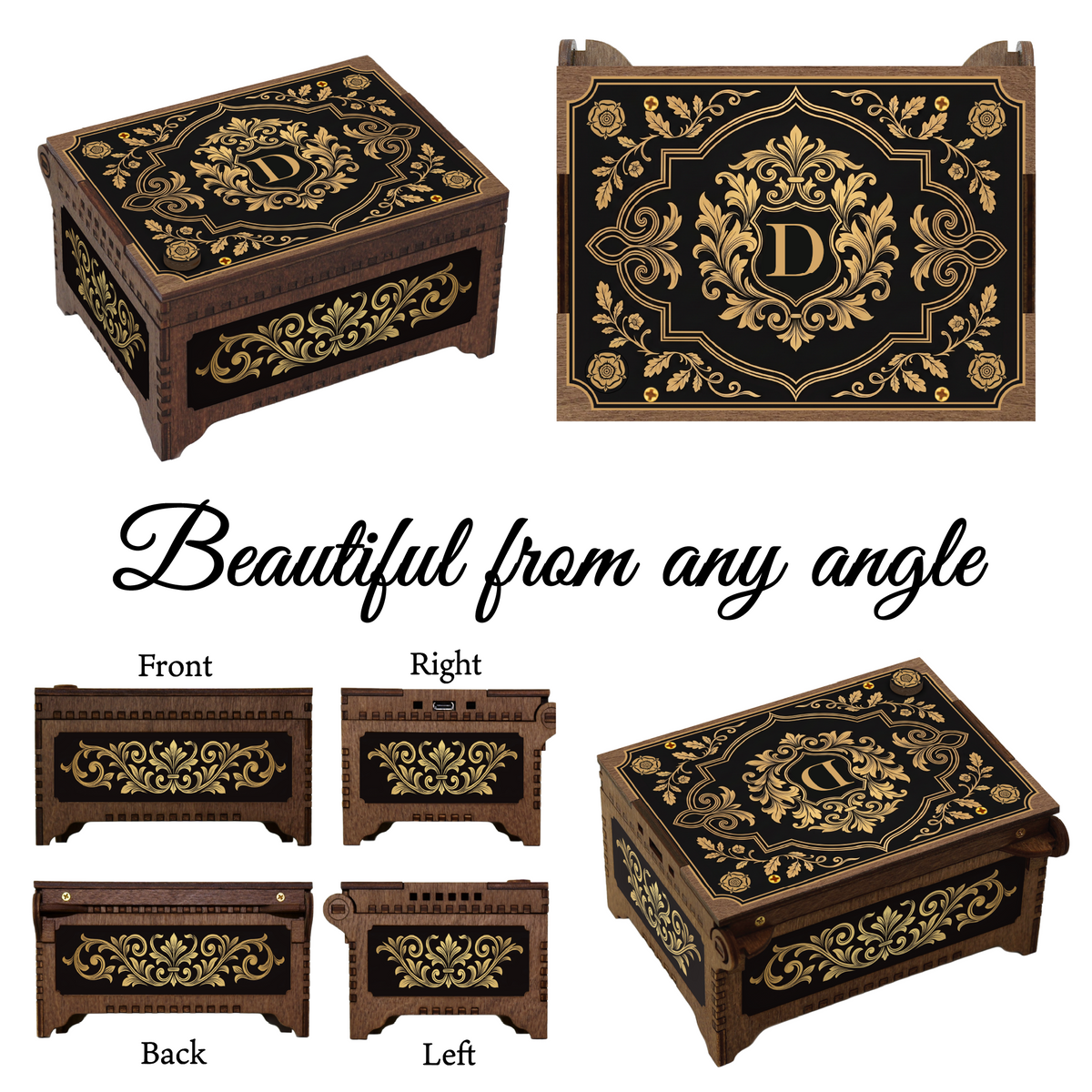 Monogram Wooden Music Box, Baroque Black & Gold Custom Initial Keepsake