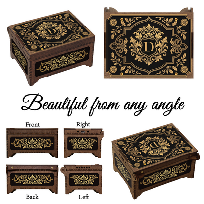 Monogram Wooden Music Box, Baroque Black & Gold Custom Initial Keepsake