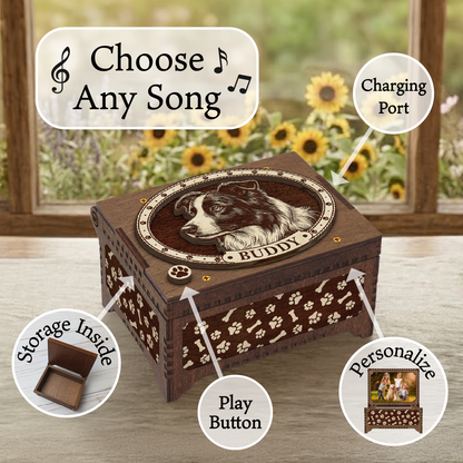 Border Collie Dog Custom Memorial Music Box, Keepsake Urn