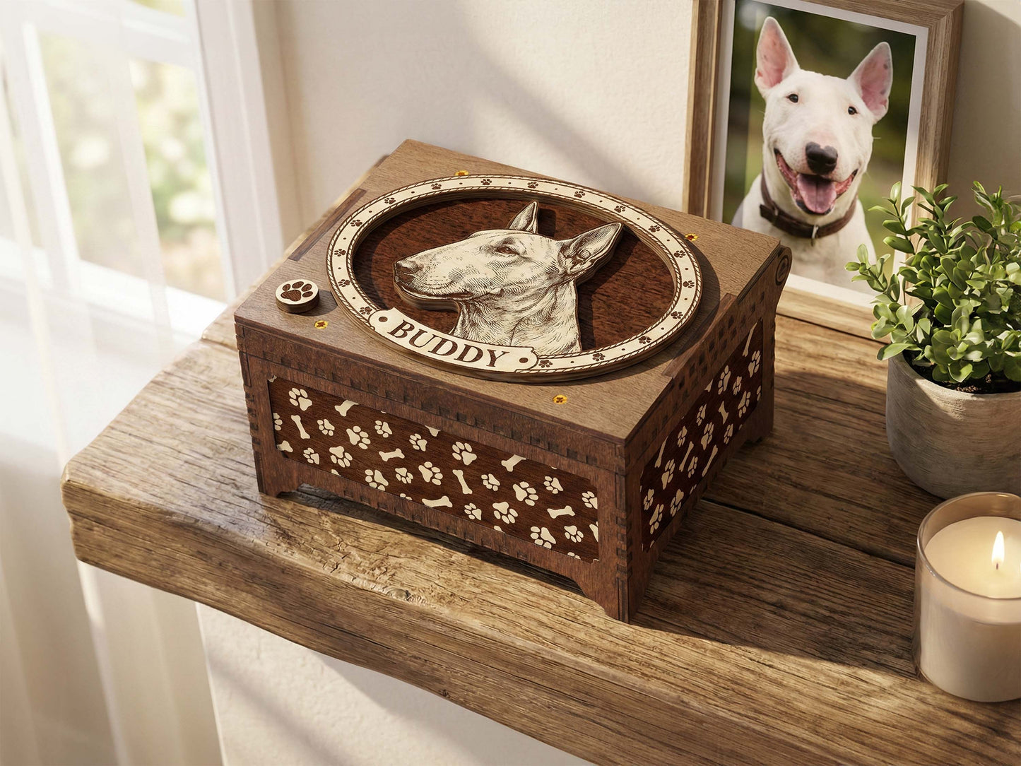 Bull Terrier Dog Custom Memorial Music Box, Keepsake Urn