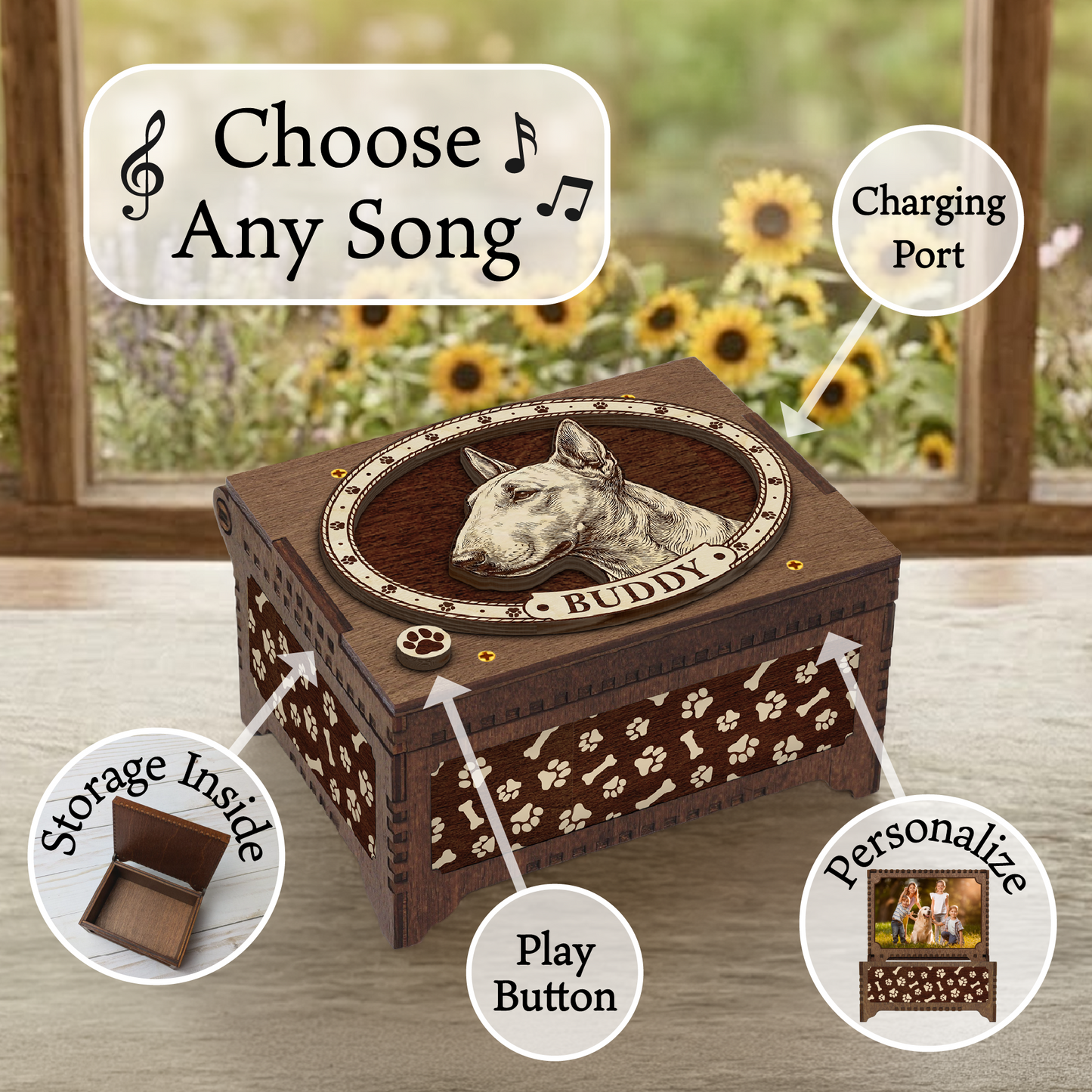 Bull Terrier Dog Custom Memorial Music Box, Keepsake Urn