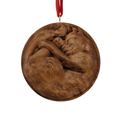 Cat Curled Up Carved Wood Ornament