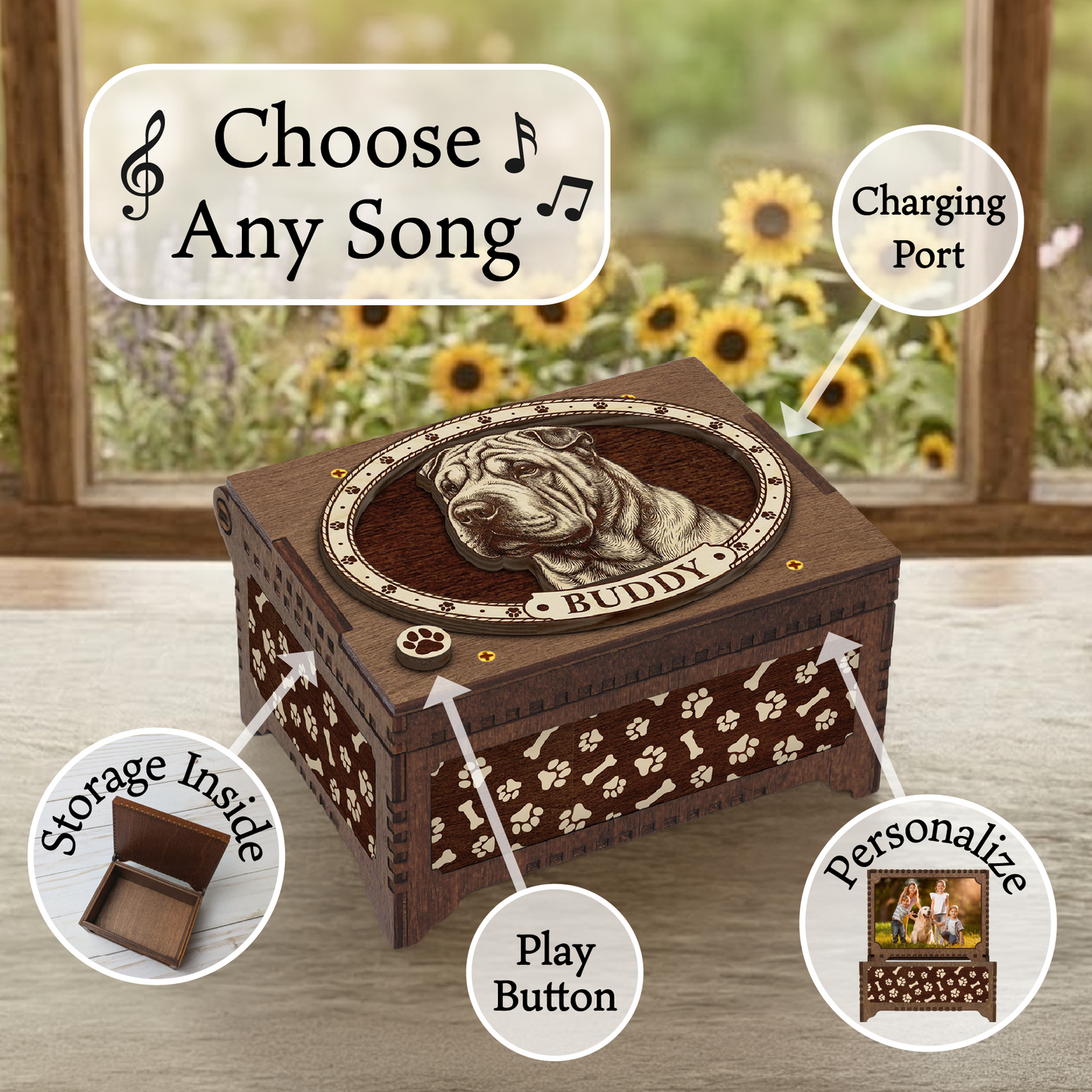 Chinese Shar-Pei Custom Memorial Music Box, Keepsake Urn
