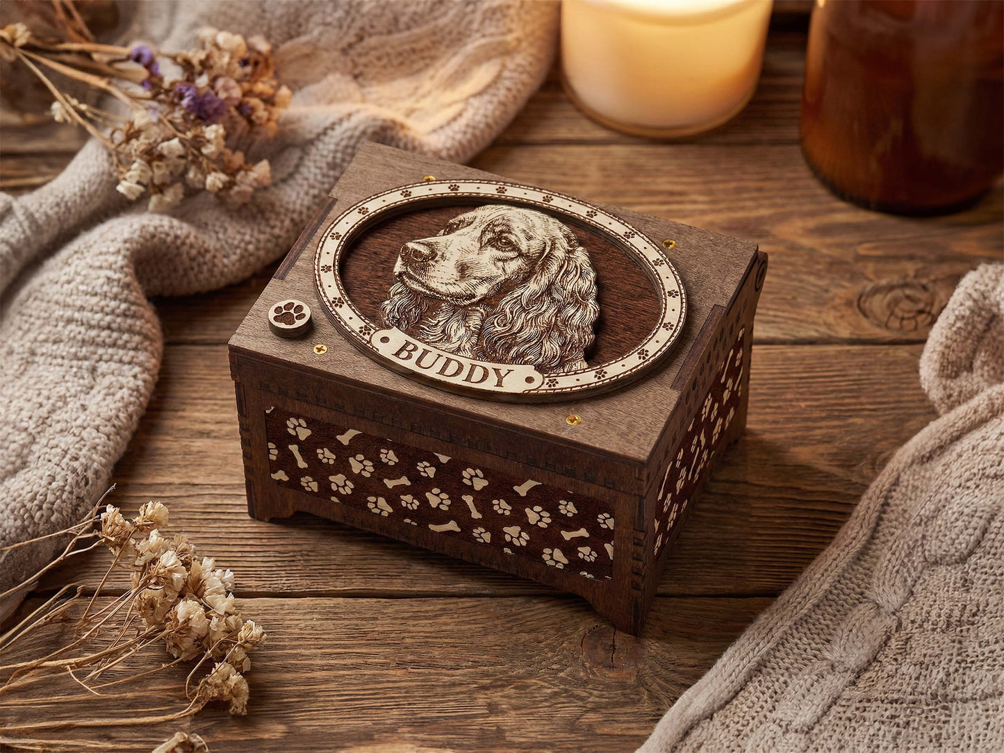 Cocker Spaniel Dog Custom Memorial Music Box, Keepsake Urn