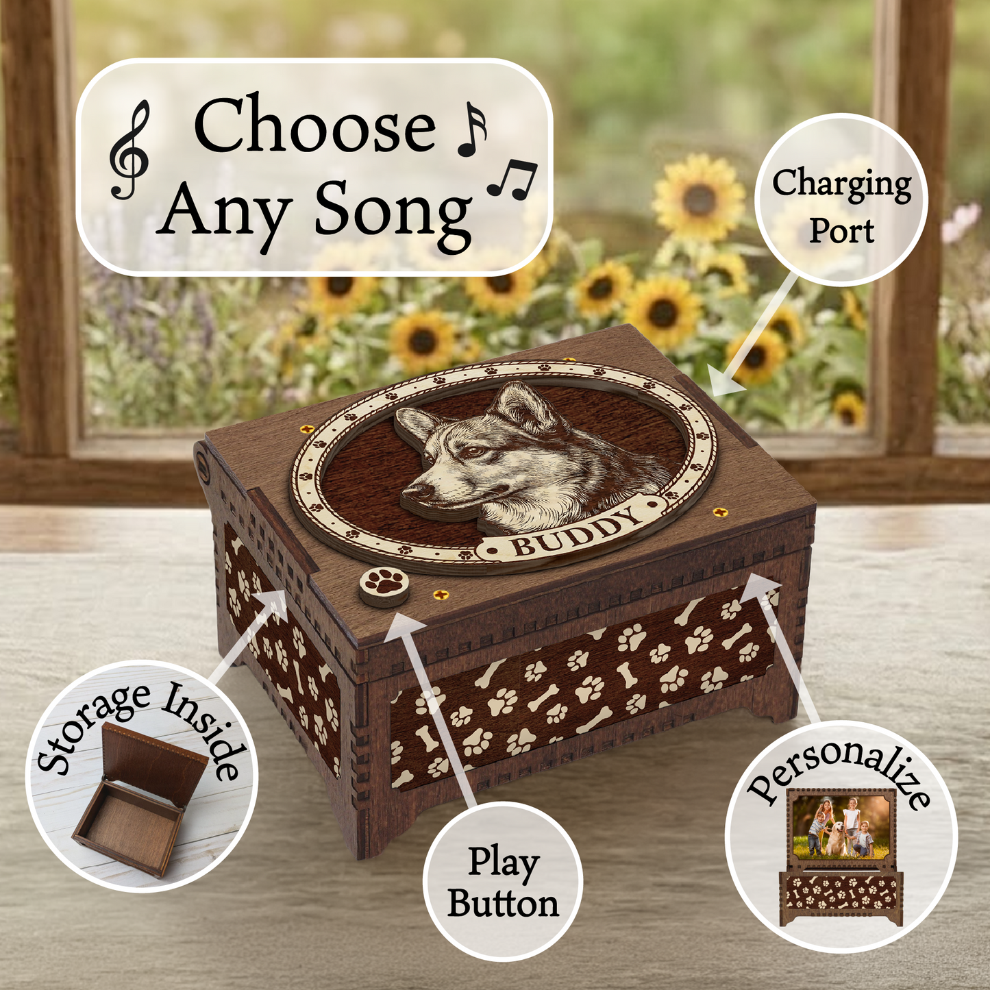 Corgi Dog Custom Memorial Music Box, Keepsake Urn