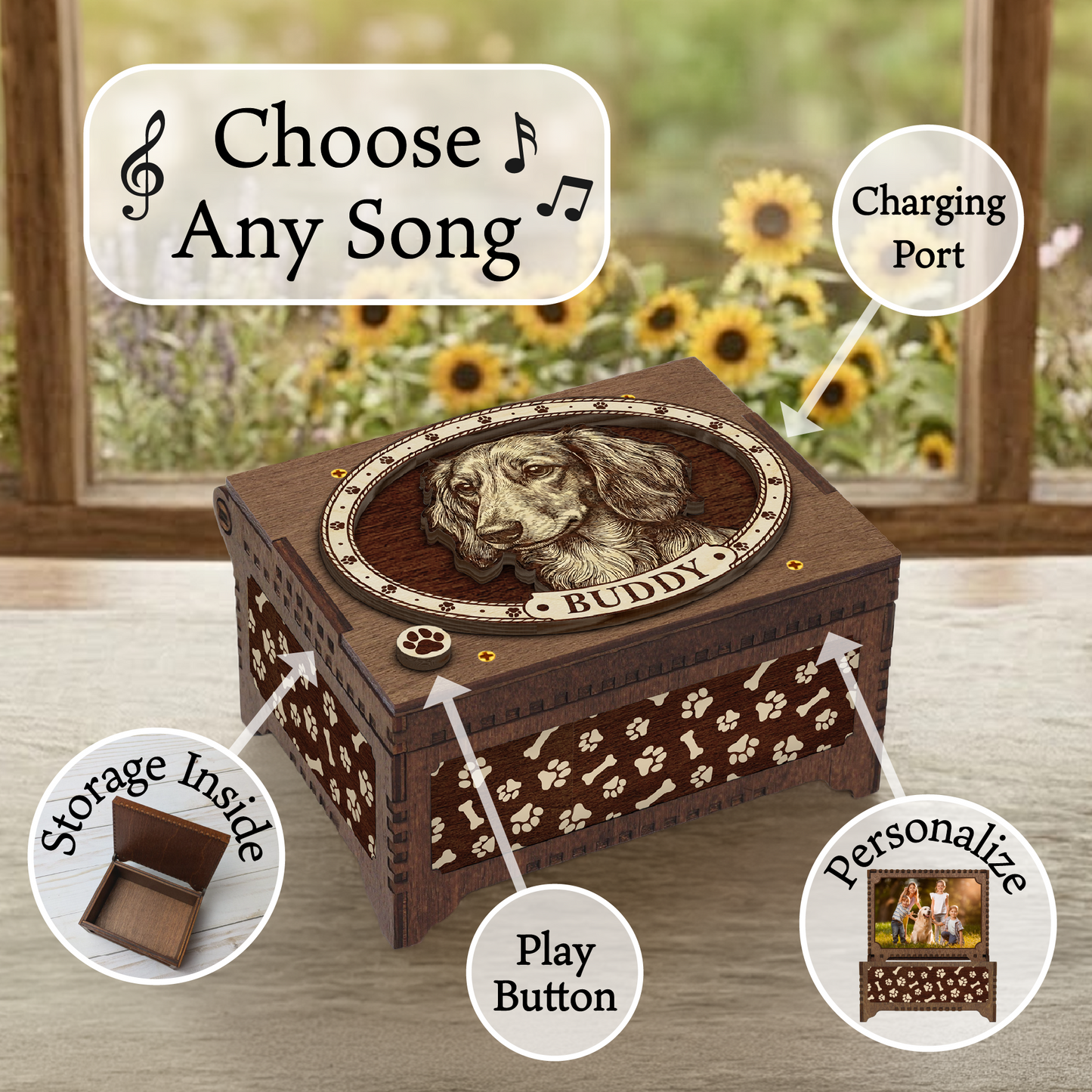 Dachshund Dog Custom Memorial Music Box, Keepsake Urn