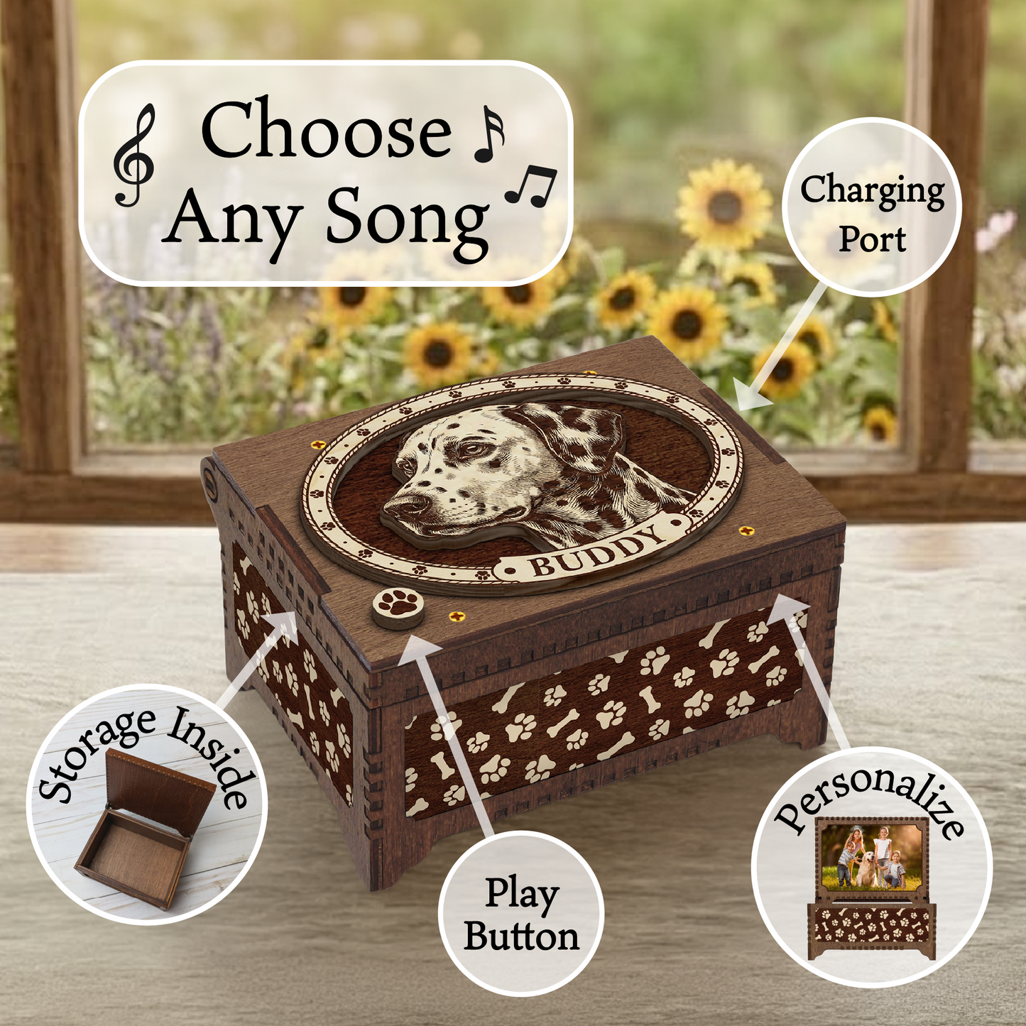 Dalmatian Dog Custom Memorial Music Box, Keepsake Urn