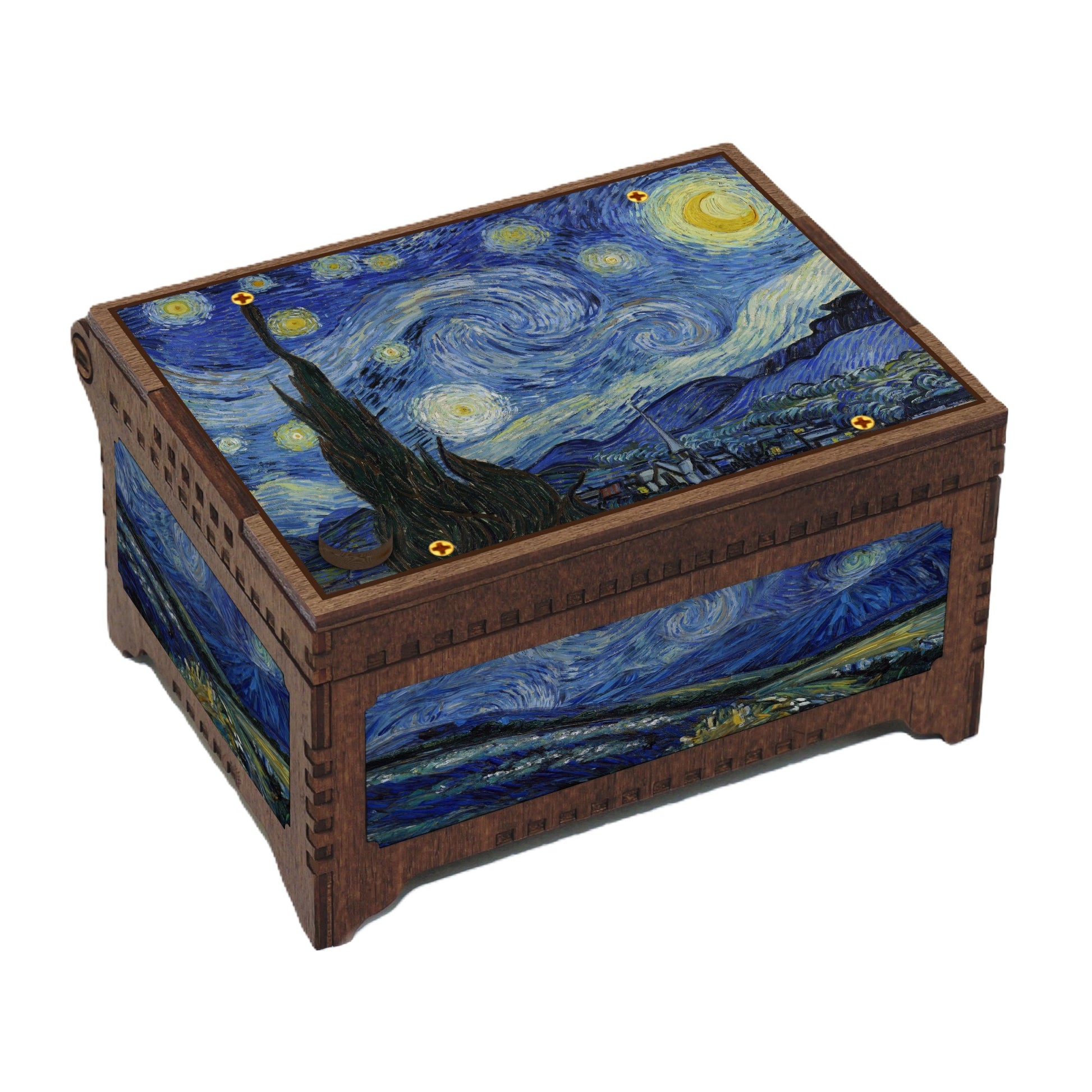 Wooden music box with a design inspired by Van Gogh's 'Starry Night' on a white background.