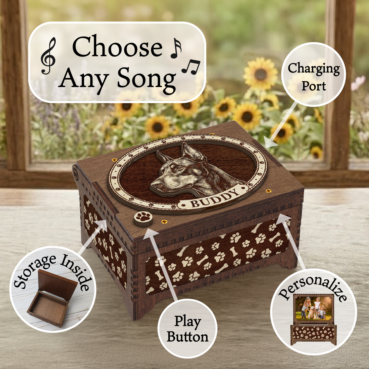 Doberman Pinscher Dog Custom Memorial Music Box, Keepsake Urn