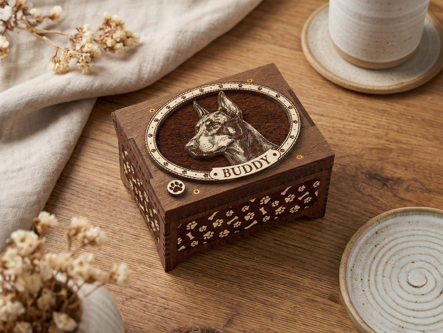 Doberman Pinscher Dog Custom Memorial Music Box, Keepsake Urn