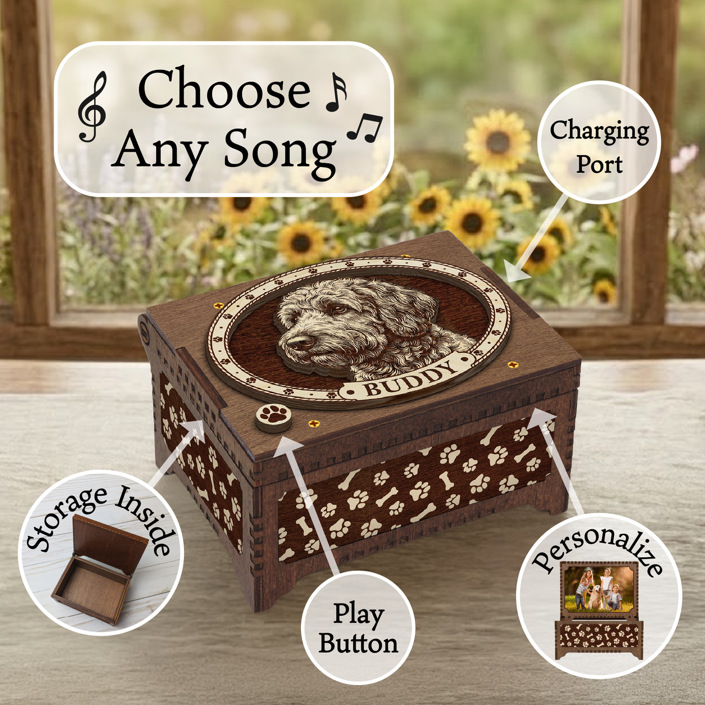 Doodle Dog Custom Memorial Music Box, Keepsake Urn