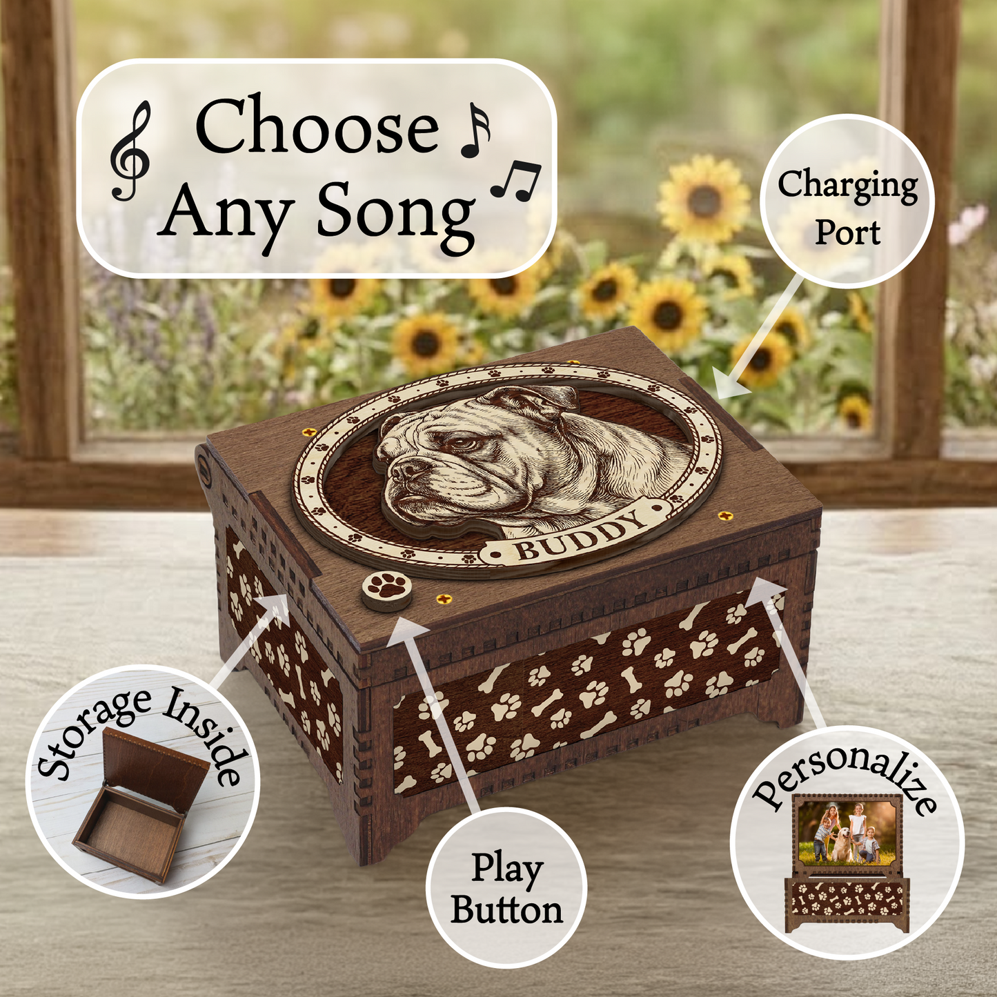 English Bulldog Custom Memorial Music Box, Keepsake Urn