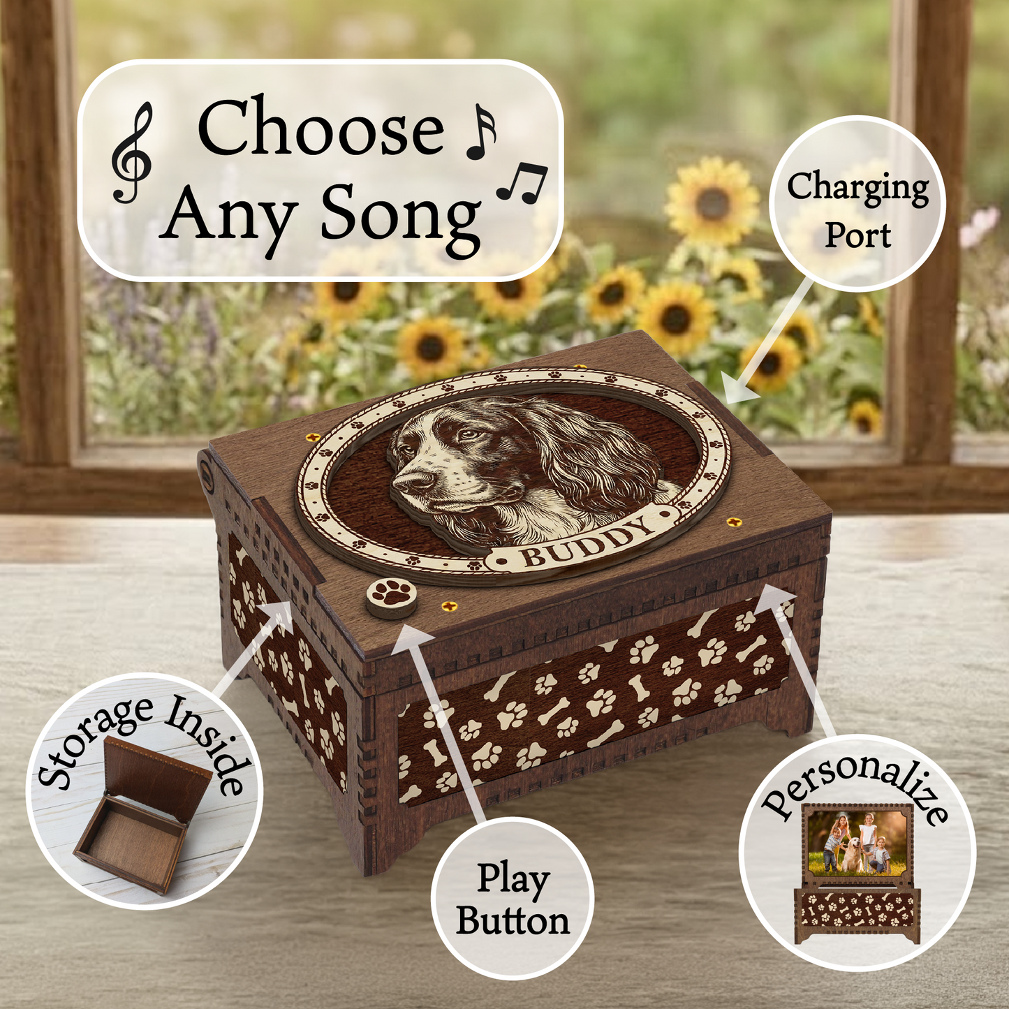 English Springer Spaniel Dog Custom Memorial Music Box, Keepsake Urn