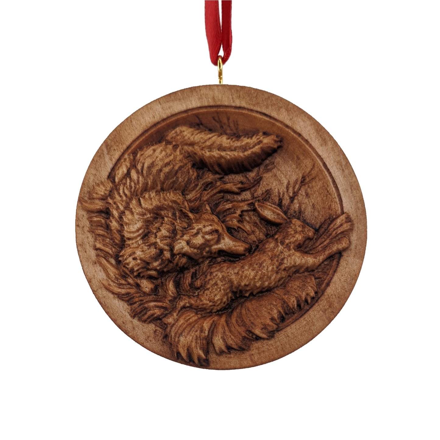 Fox and Rabbit Carved Wood Ornament