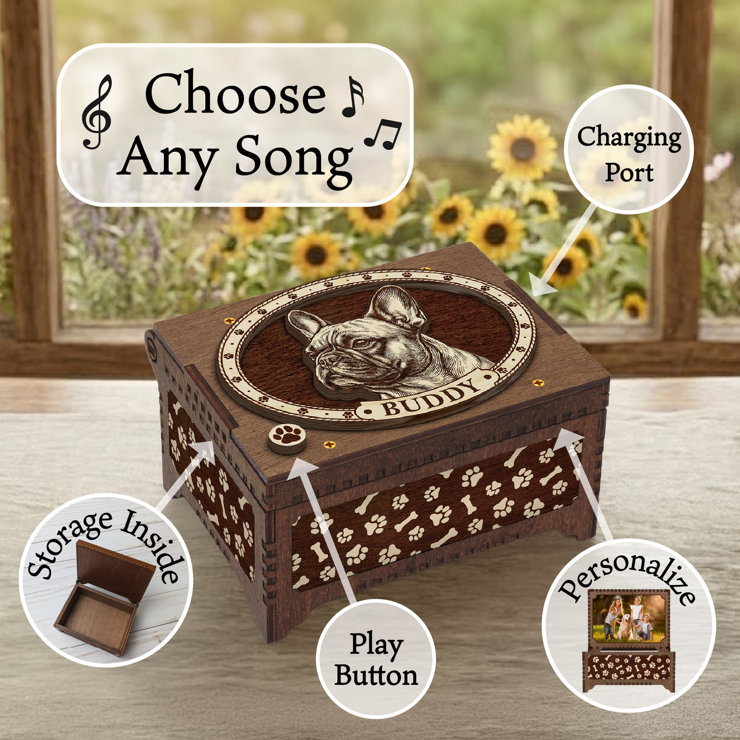French Bulldog Dog Custom Memorial Music Box, Keepsake Urn