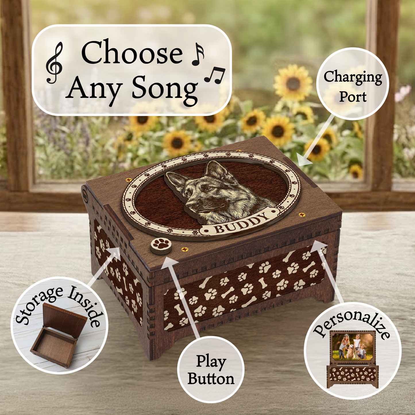 German Shepherd Dog Custom Memorial Music Box, Keepsake Urn