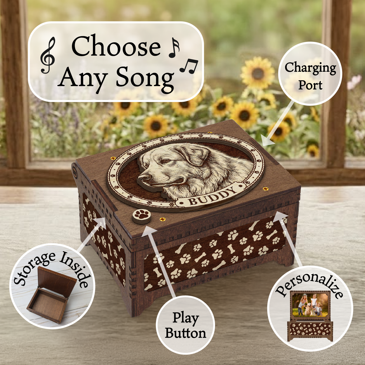 Great Pyrenees Dog Custom Memorial Music Box, Keepsake Urn