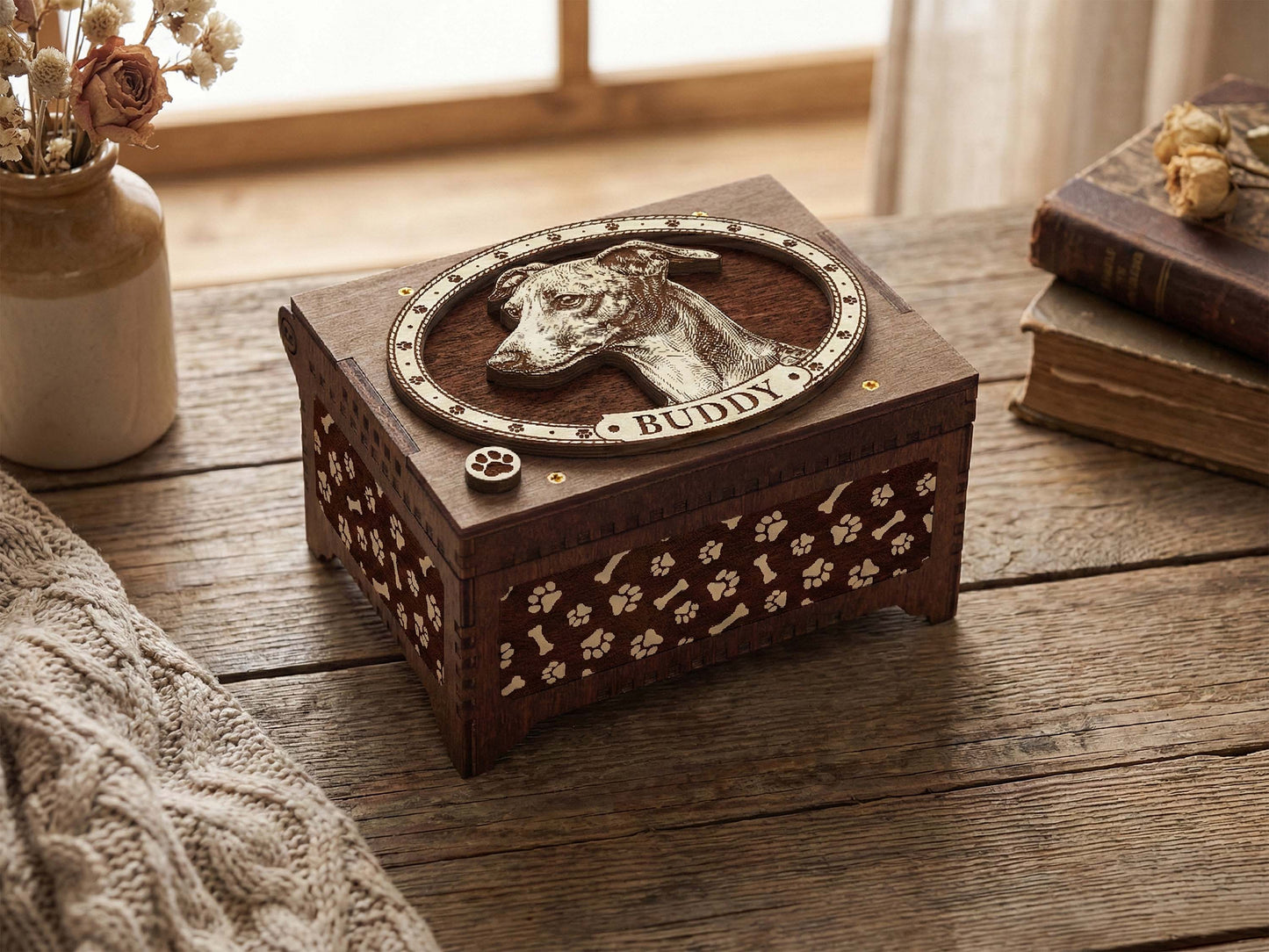 Greyhound Dog Custom Memorial Music Box, Urn