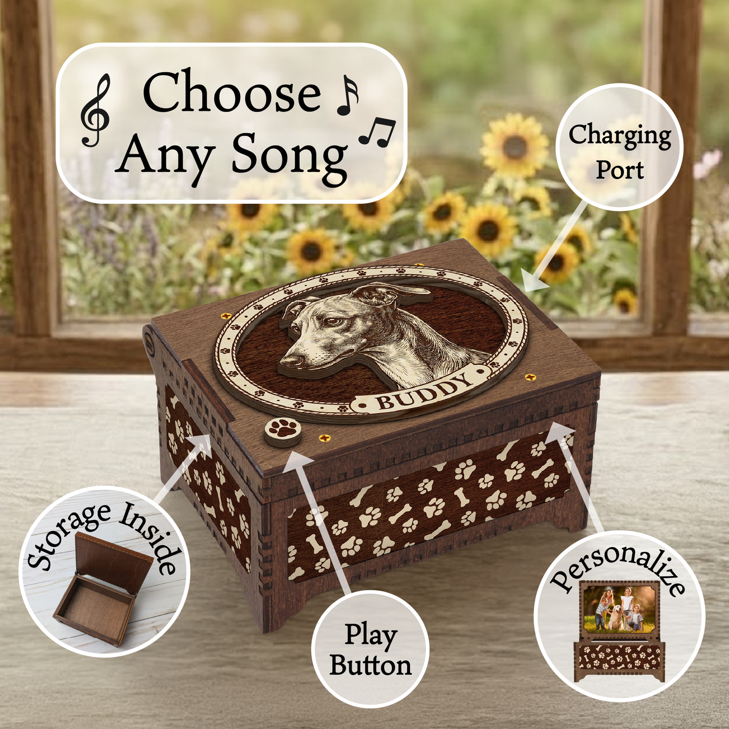 Greyhound Dog Custom Memorial Music Box, Keepsake Urn